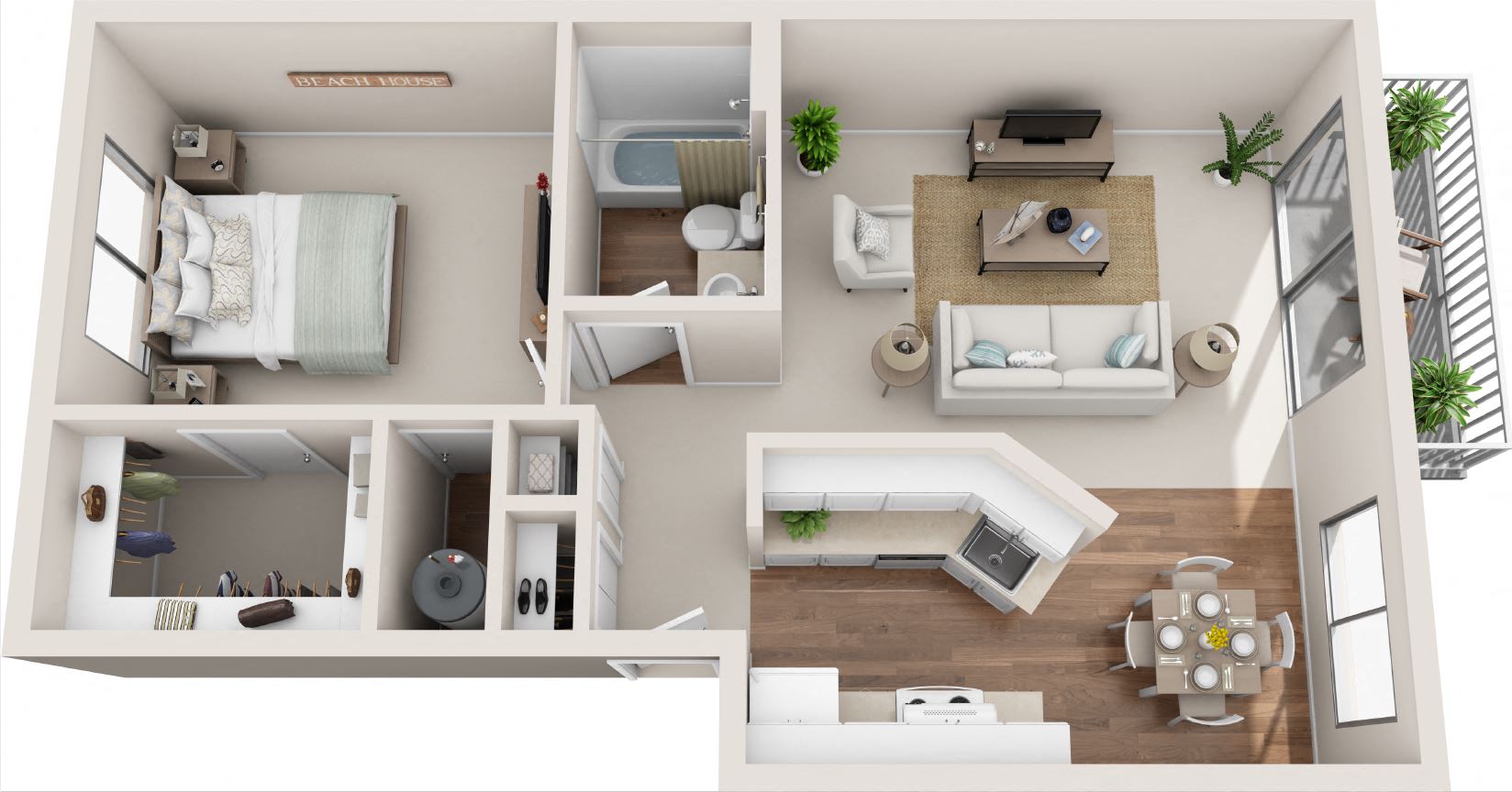 Floor plan for 1 bed, 1 bath, 727 sqft